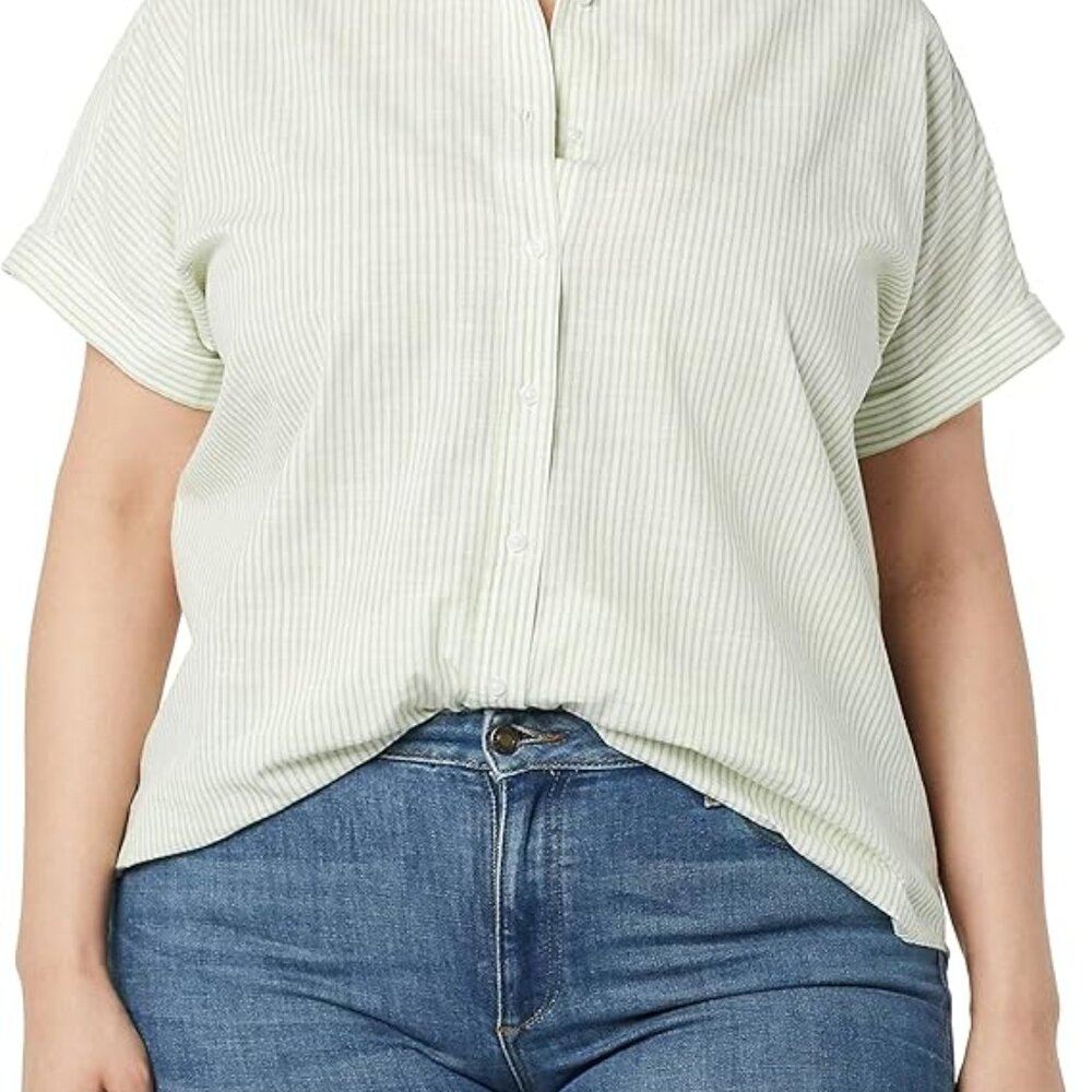 2 Blue Women's Goodthreads Washed Cotton Button Down Short Sleeved Shirts